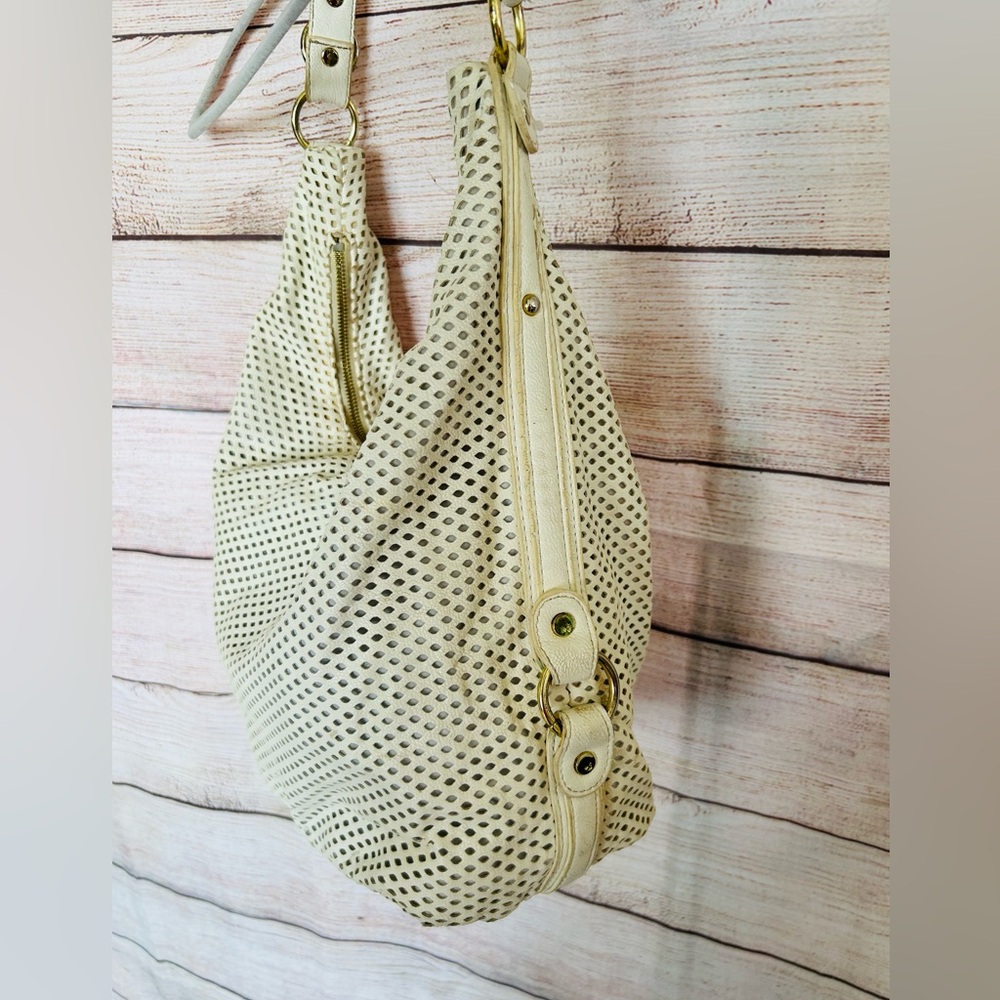 Olivia+Joy Women’s Cream Faux Leather Cut Out Perforated Hobo Shoulder Bag - Picture 5 of 8
